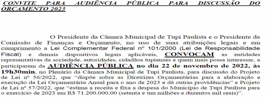 Imagem de capa da notícia: COMUNICADO: Câmara Municipal informa adiamento da Audiência Pública