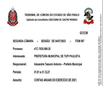 Comunicado: Parecer do Tribunal de Contas do exercício 2021 está disponível na secretaria