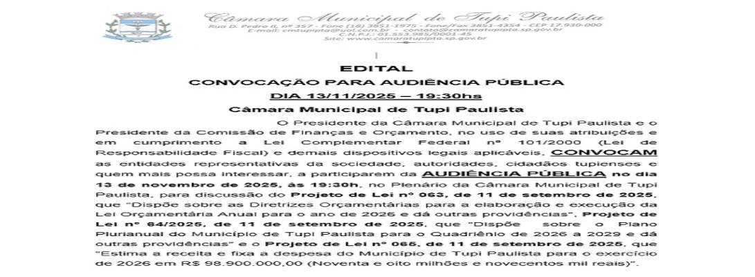 Imagem de capa da notícia: Câmara Municipal convida população para Audiência Pública