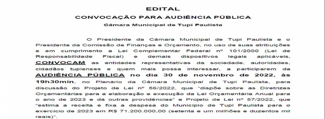 Imagem de capa da notícia: Câmara Municipal convida população para Audiência Pública