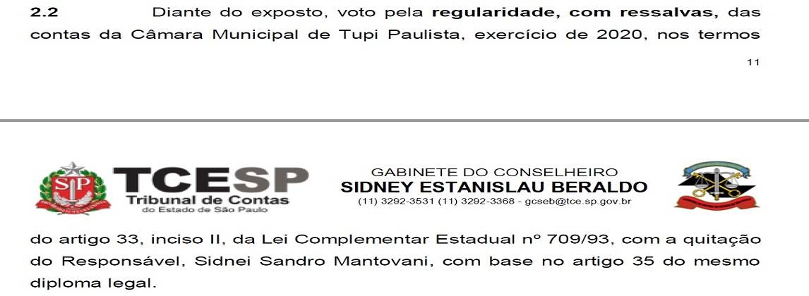 Contas do exercício de 2020 da Câmara Municipal de Tupi Paulista são julgadas regulares