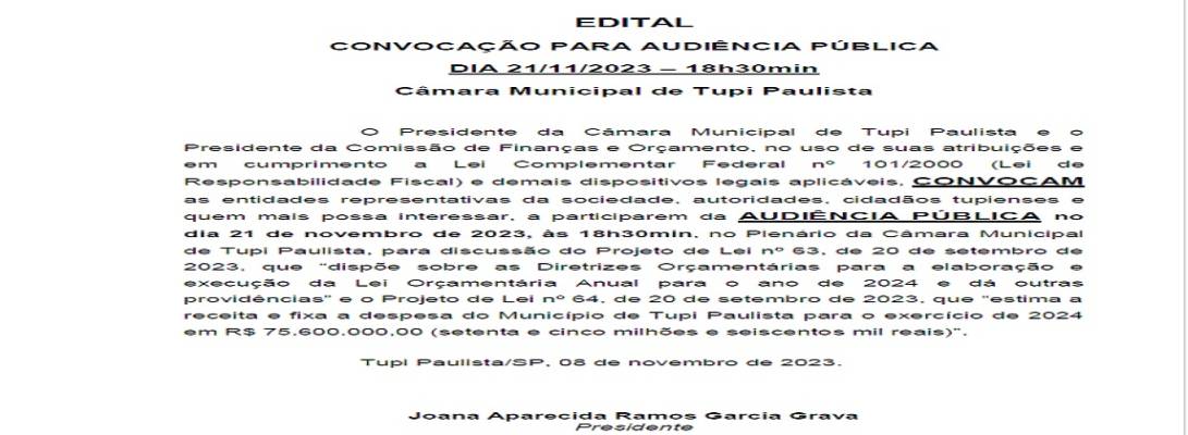 Imagem de capa da notícia: Câmara Municipal convida população para Audiência Pública
